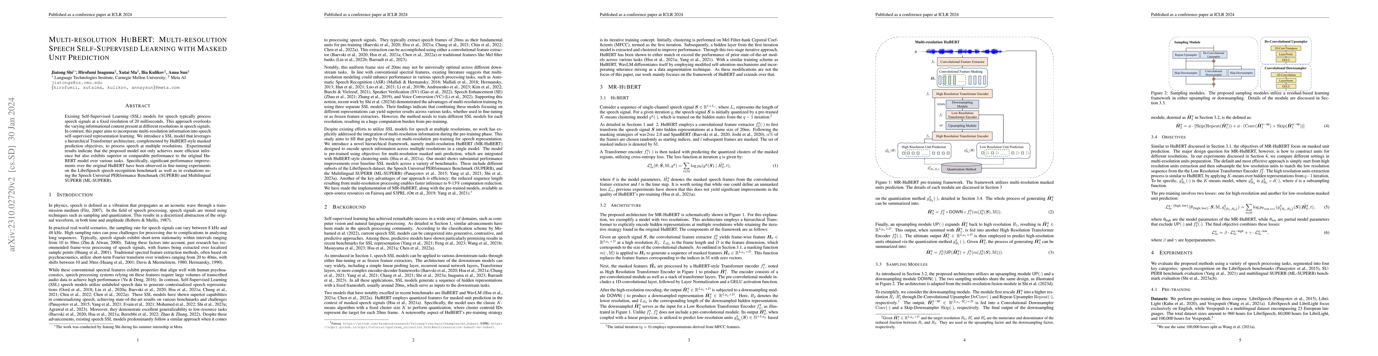 Thumbnail for Multi-resolution HuBERT: Multi-resolution Speech Self-Supervised
  Learning with Masked Unit Prediction