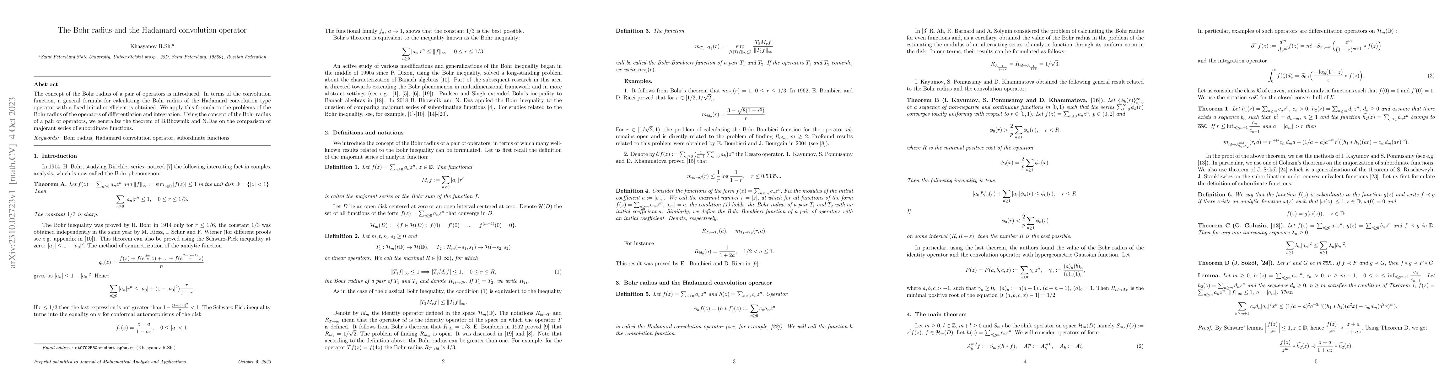 Thumbnail for The Bohr radius and the Hadamard convolution operator