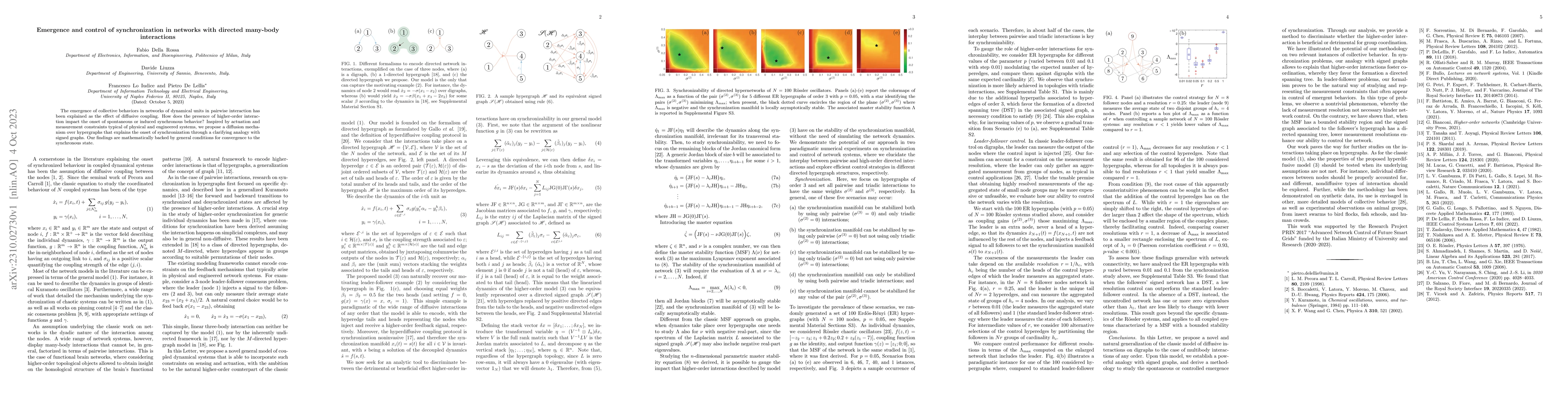 Thumbnail for Emergence and control of synchronization in networks with directed
  many-body interactions
