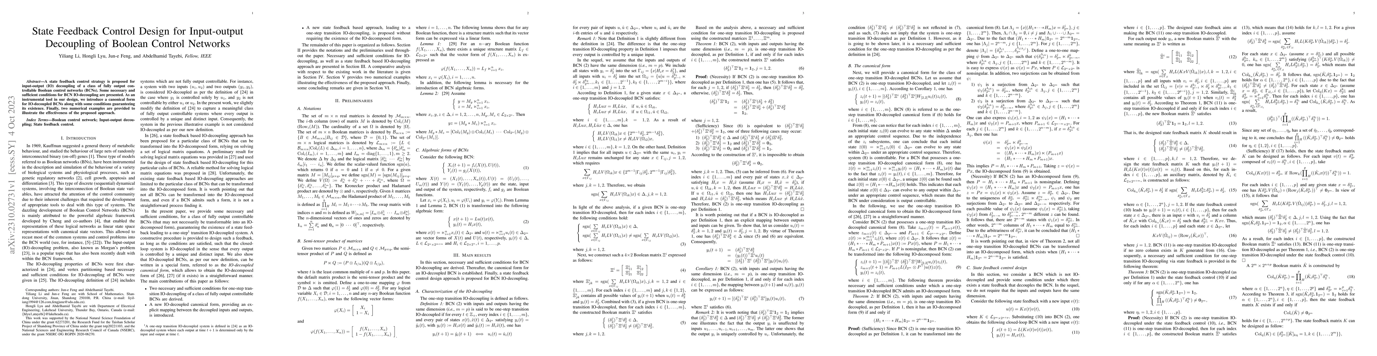 Thumbnail for State Feedback Control Design for Input-output Decoupling of Boolean
  Control Networks