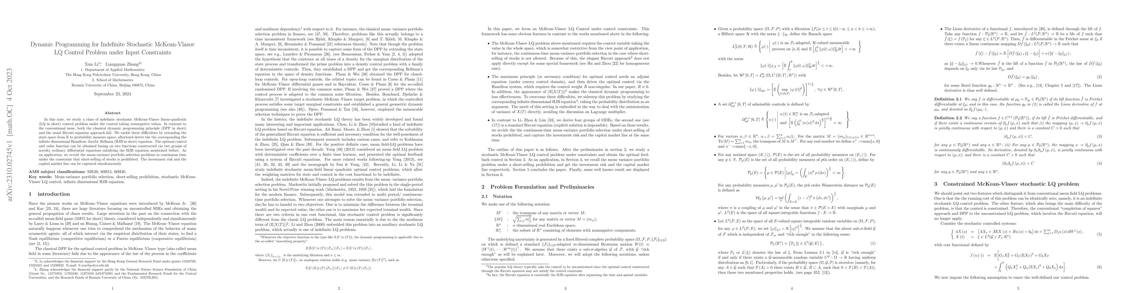 Thumbnail for Dynamic Programming for Indefinite Stochastic McKean-Vlasov LQ Control
  Problem under Input Constraints