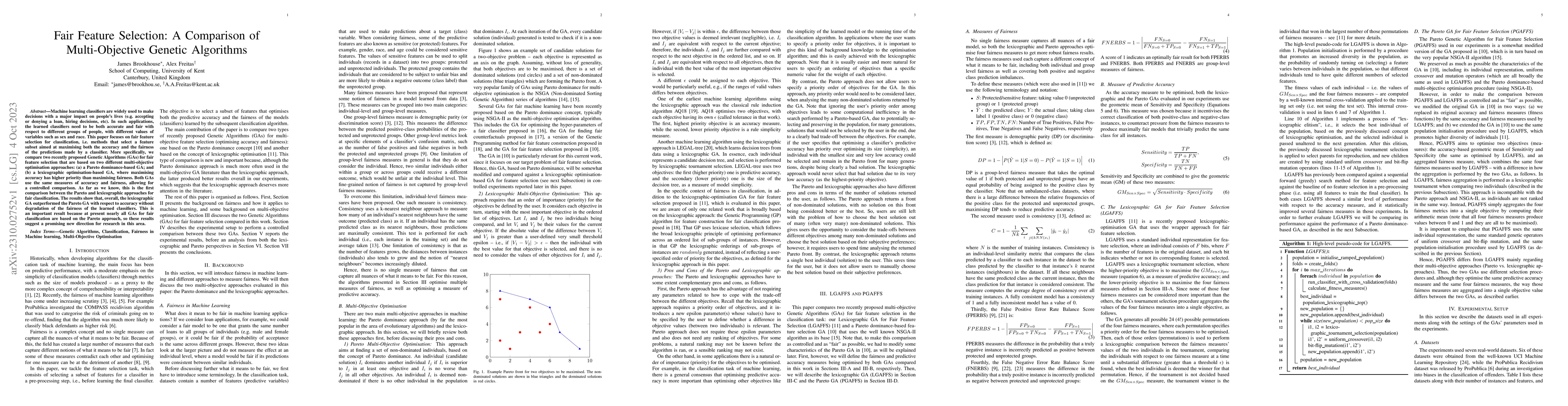 Thumbnail for Fair Feature Selection: A Comparison of Multi-Objective Genetic
  Algorithms