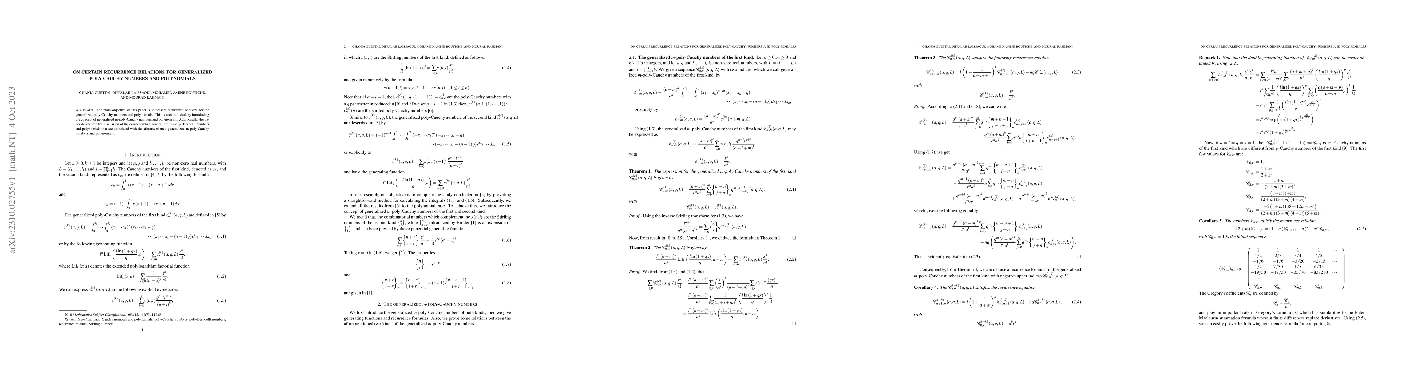 Thumbnail for On Certain Recurrence Relations for Generalized Poly-Cauchy Numbers and
  Polynomials