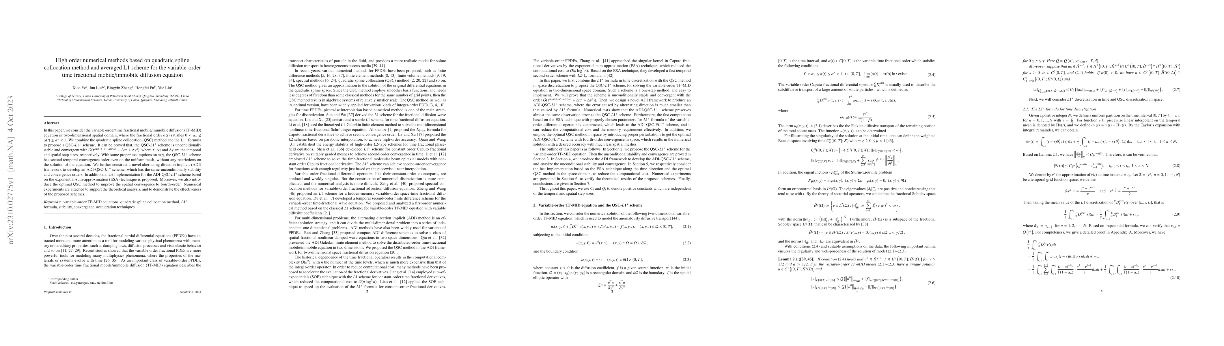 Thumbnail for High order numerical methods based on quadratic spline collocation
  method and averaged L1 scheme for the variable-order time fractional
  mobile/immobile diffusion equation
