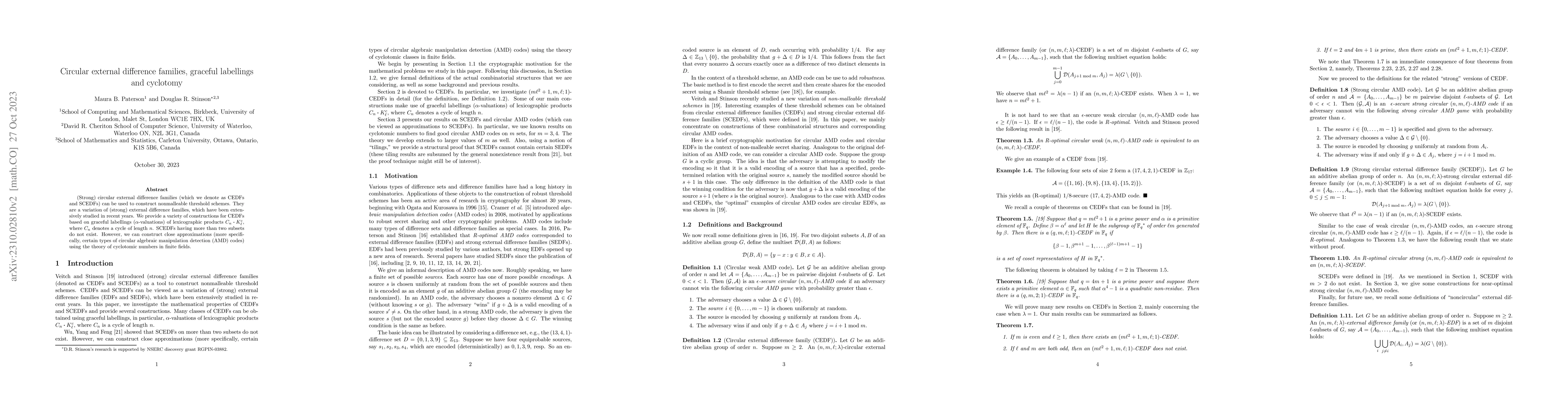 Thumbnail for Circular external difference families, graceful labellings and cyclotomy