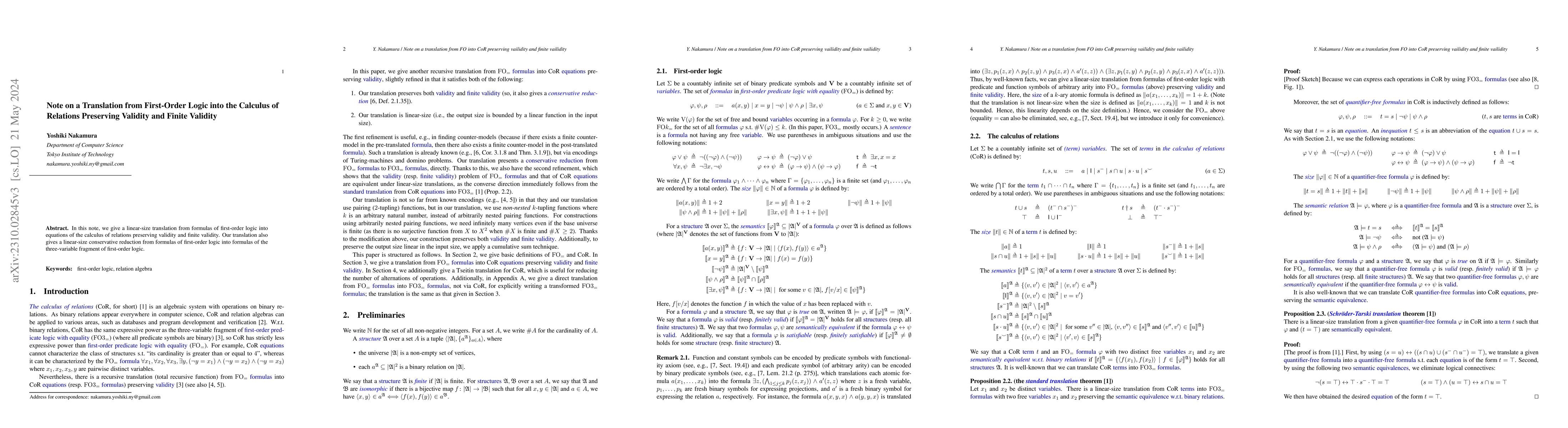 Thumbnail for Note on a Translation from First-Order Logic into the Calculus of
  Relations Preserving Validity and Finite Validity