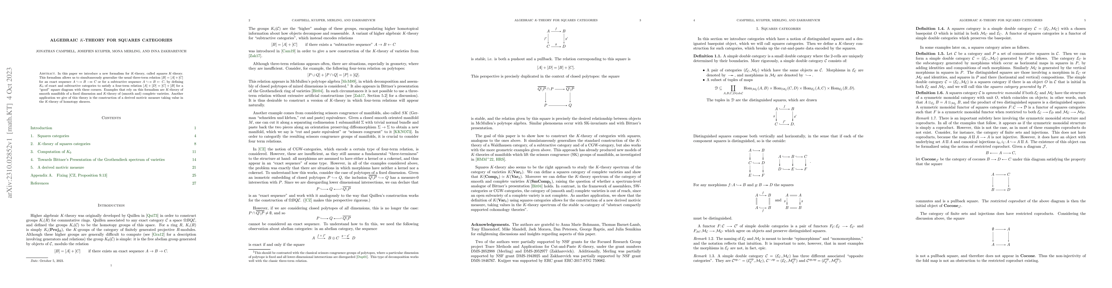 Thumbnail for Algebraic $K$-theory for squares categories
