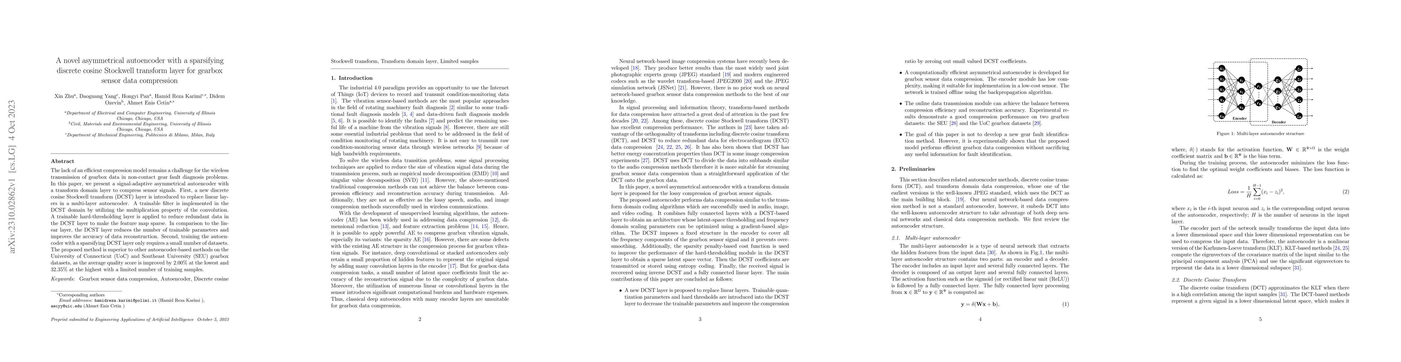 Thumbnail for A novel asymmetrical autoencoder with a sparsifying discrete cosine
  Stockwell transform layer for gearbox sensor data compression