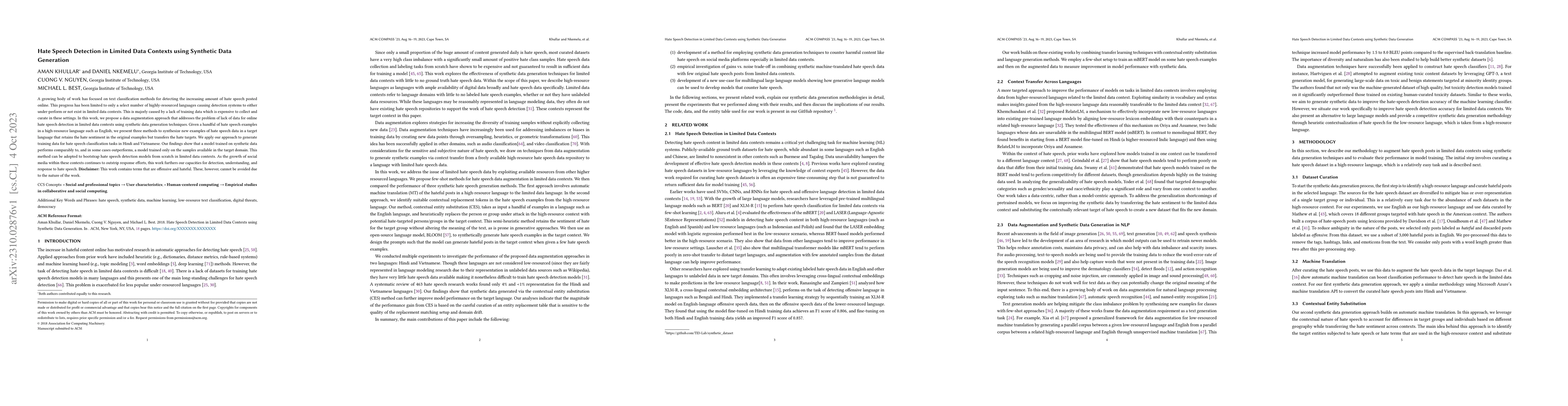 Thumbnail for Hate Speech Detection in Limited Data Contexts using Synthetic Data
  Generation