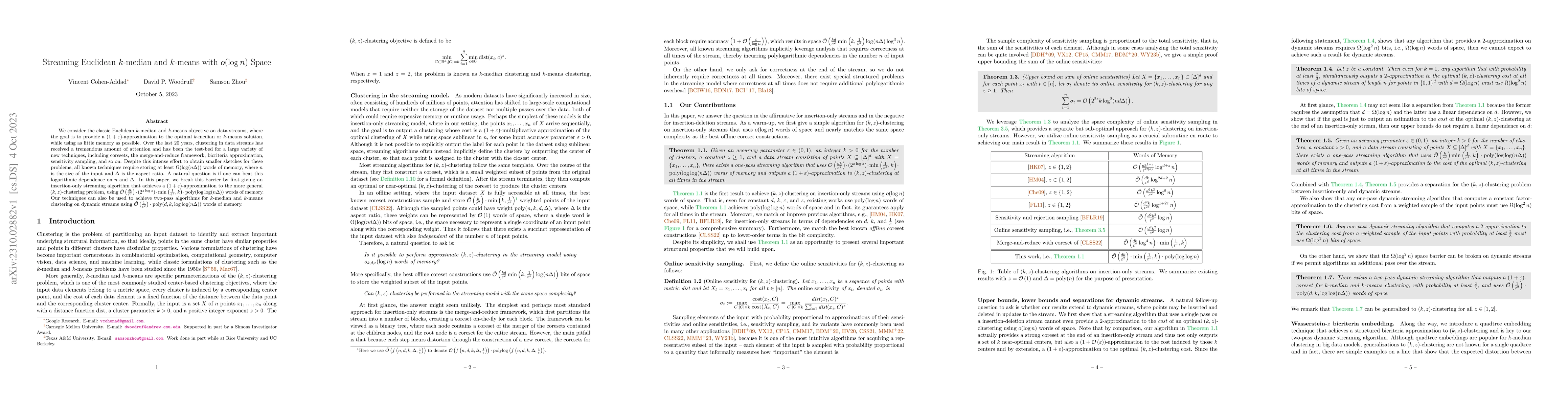 Thumbnail for Streaming Euclidean $k$-median and $k$-means with $o(\log n)$ Space