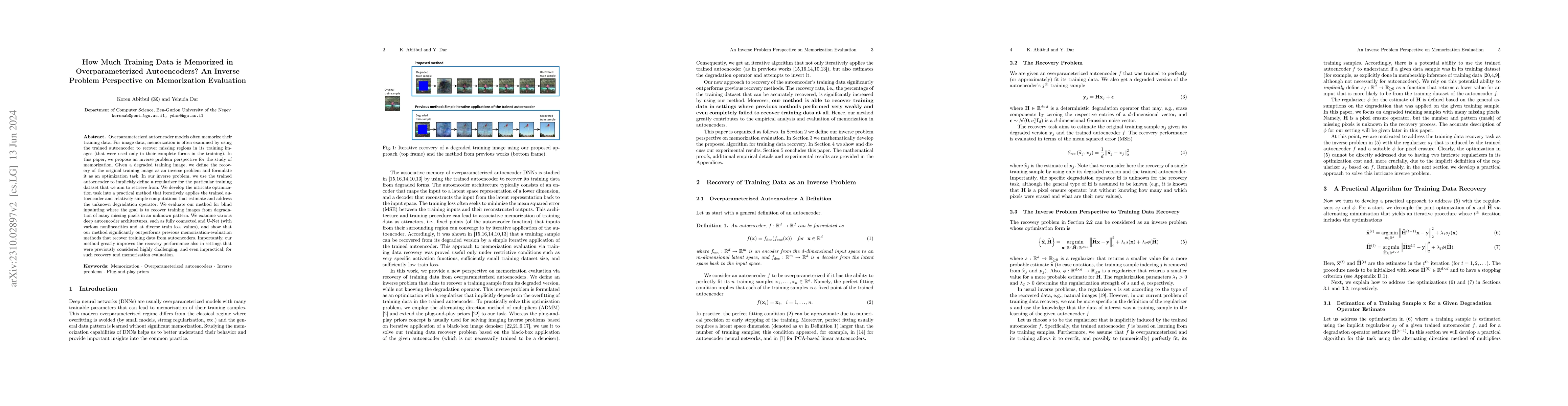 Thumbnail for How Much Training Data is Memorized in Overparameterized Autoencoders?
  An Inverse Problem Perspective on Memorization Evaluation