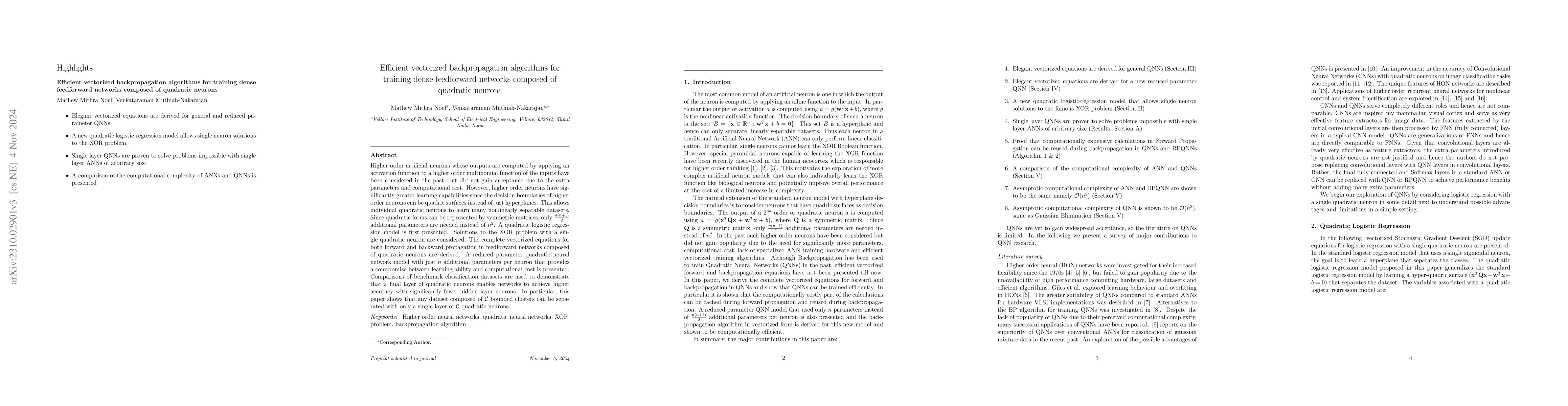 Thumbnail for Efficient Vectorized Backpropagation Algorithms for Training Feedforward
  Networks Composed of Quadratic Neurons