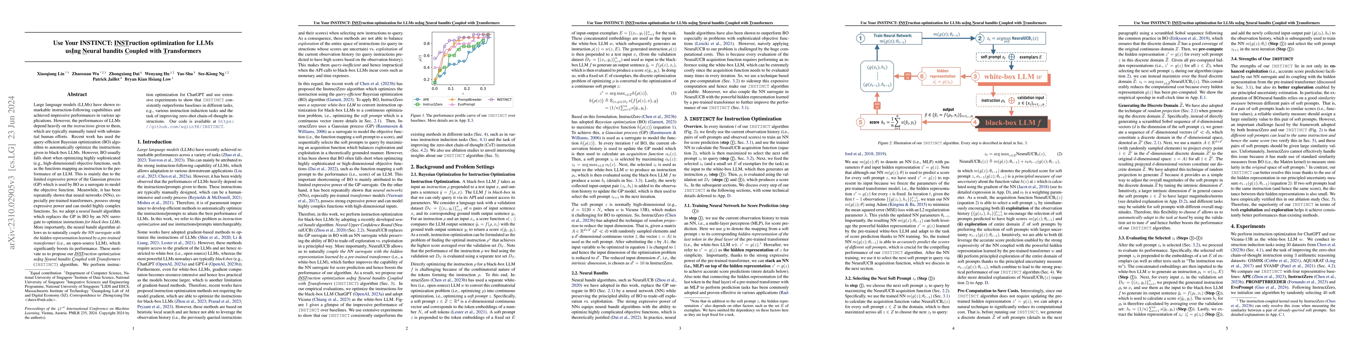 Thumbnail for Use Your INSTINCT: INSTruction optimization for LLMs usIng Neural
  bandits Coupled with Transformers