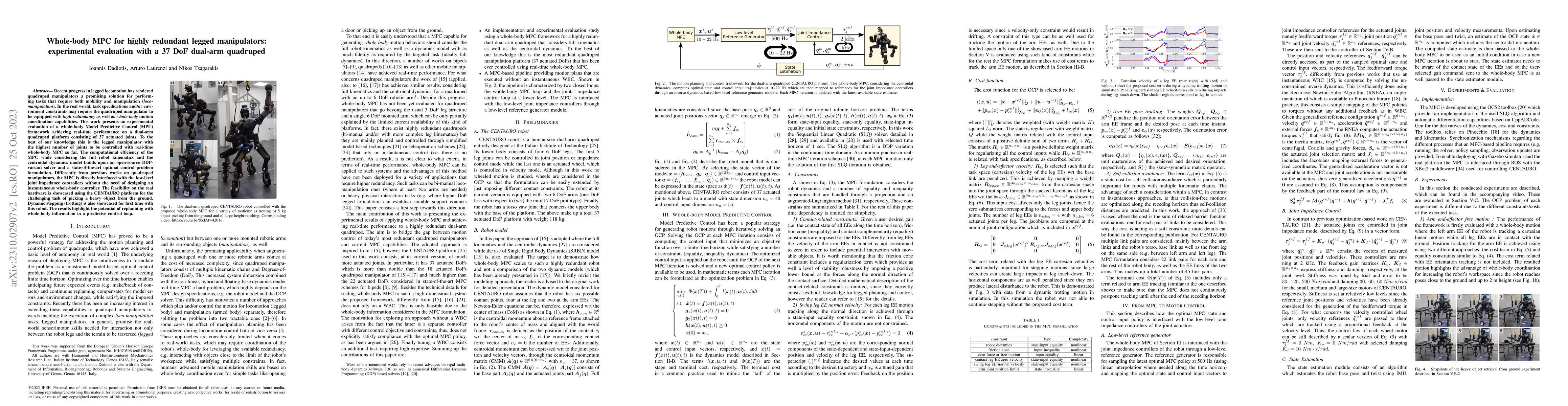 Thumbnail for Whole-body MPC for highly redundant legged manipulators: experimental
  evaluation with a 37 DoF dual-arm quadruped