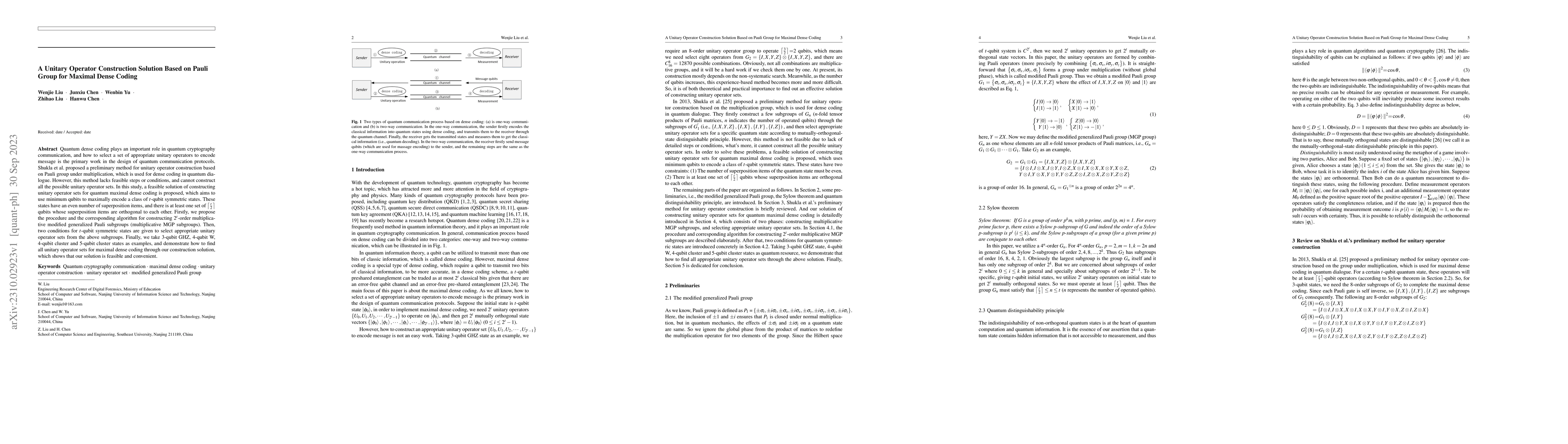 Thumbnail for A Unitary Operator Construction Solution Based on Pauli Group for
  Maximal Dense Coding