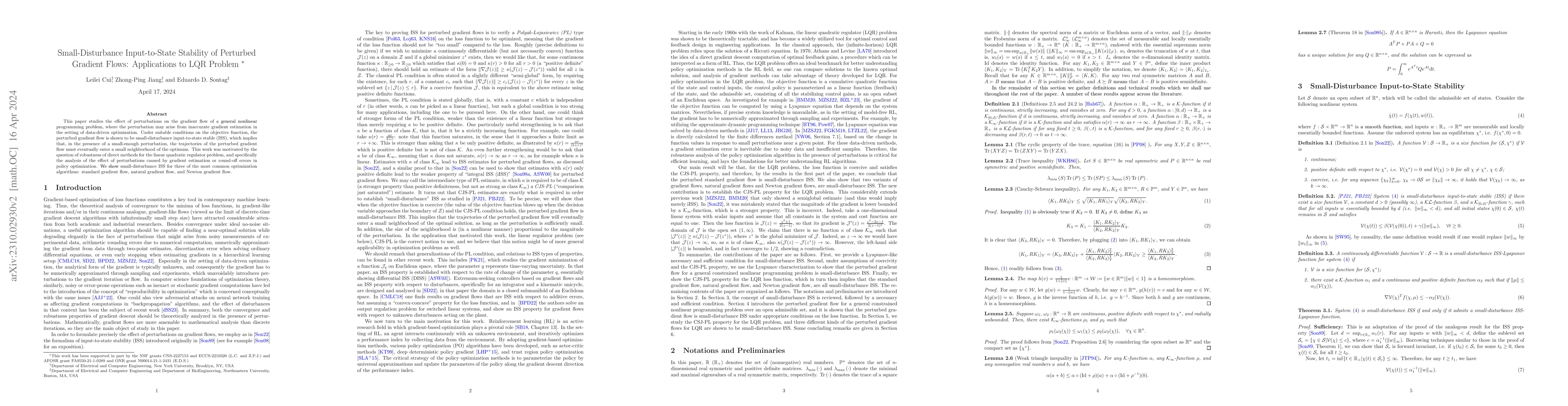 Thumbnail for Small-Disturbance Input-to-State Stability of Perturbed Gradient Flows:
  Applications to LQR Problem