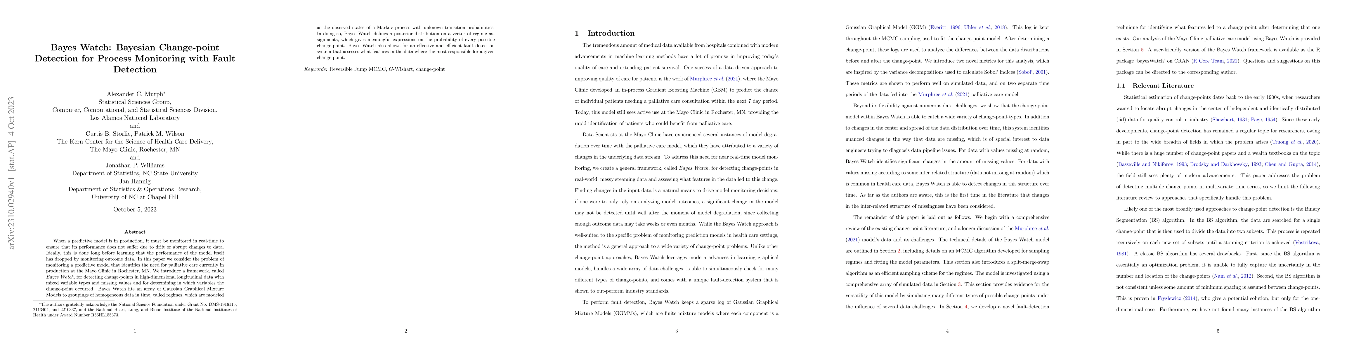 Thumbnail for Bayes Watch: Bayesian Change-point Detection for Process Monitoring with
  Fault Detection