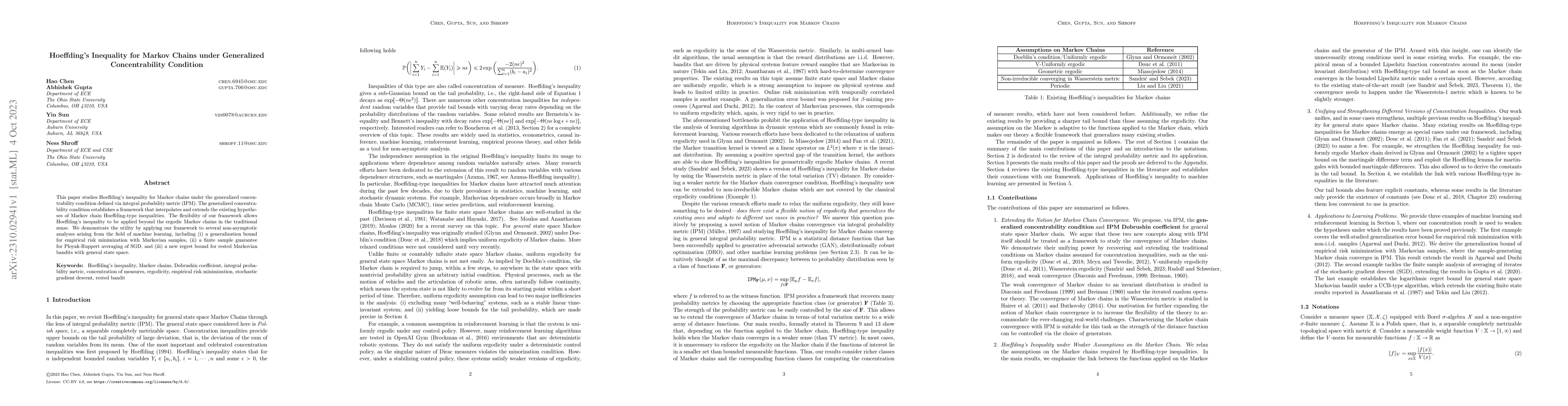 Thumbnail for Hoeffding's Inequality for Markov Chains under Generalized
  Concentrability Condition