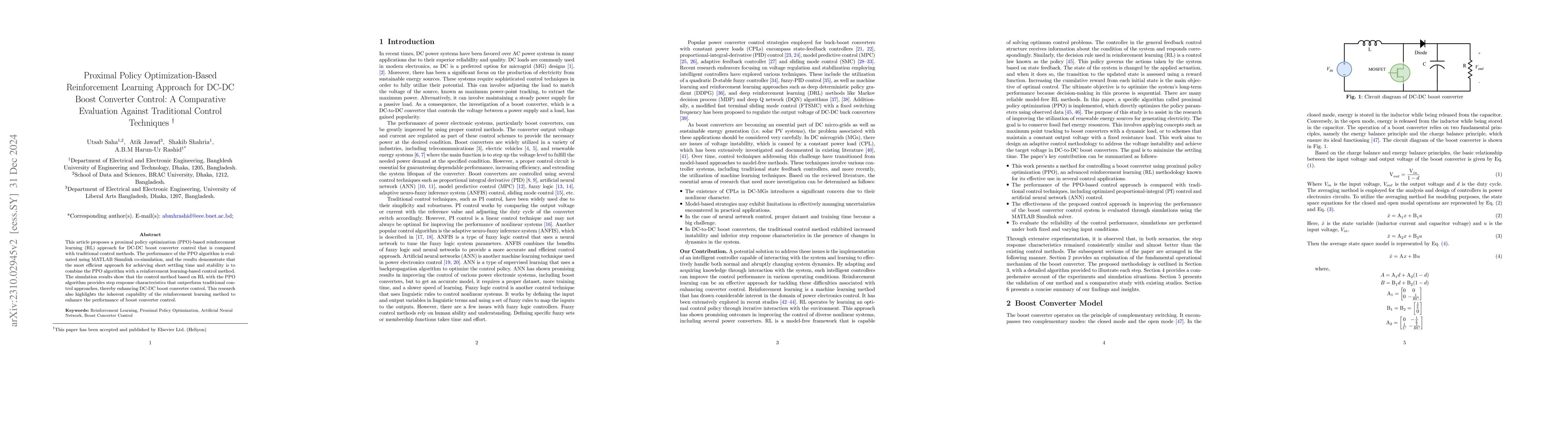 Thumbnail for Proximal Policy Optimization-Based Reinforcement Learning Approach for
  DC-DC Boost Converter Control: A Comparative Evaluation Against Traditional
  Control Techniques
