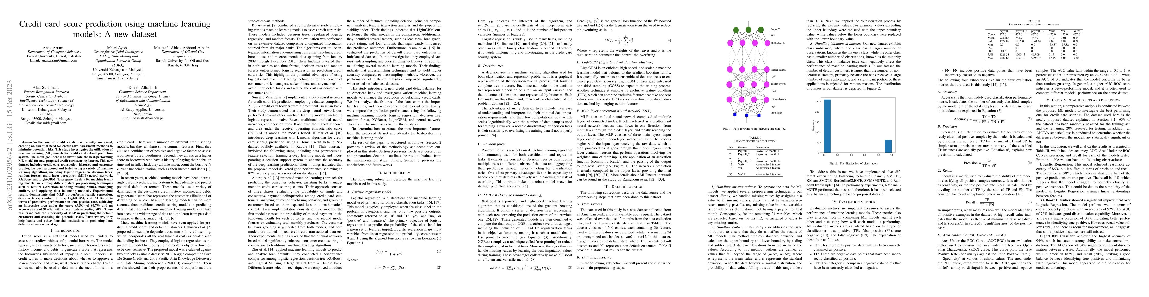 Thumbnail for Credit card score prediction using machine learning models: A new
  dataset