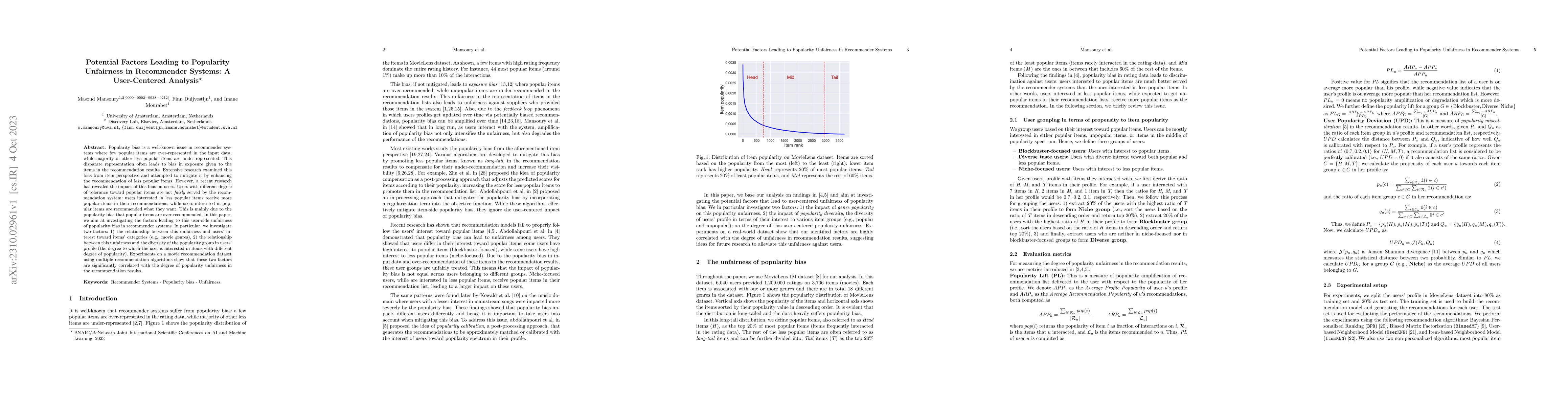 Thumbnail for Potential Factors Leading to Popularity Unfairness in Recommender
  Systems: A User-Centered Analysis