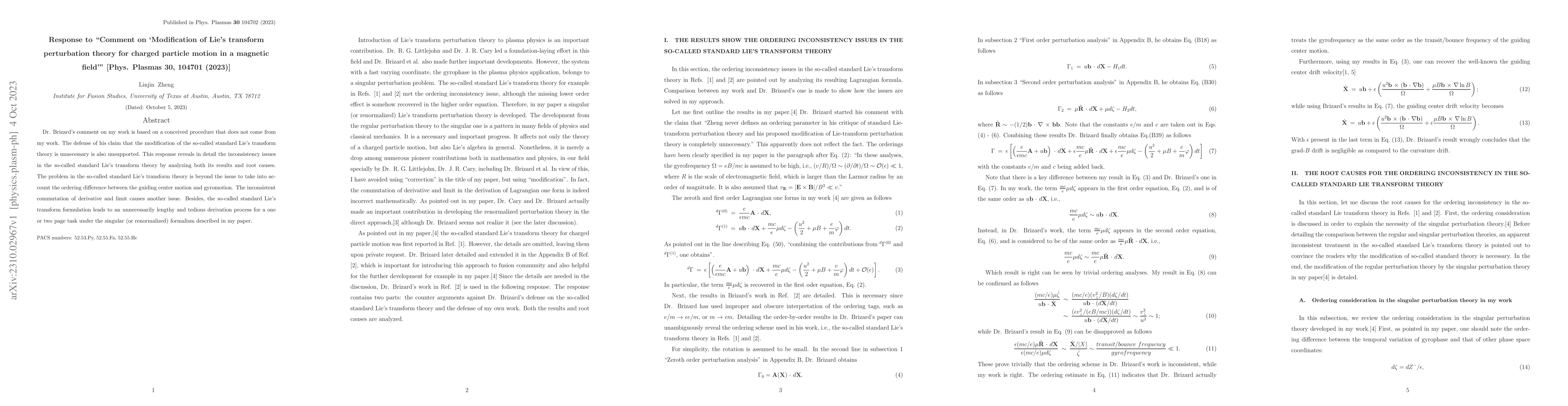 Thumbnail for Response to "Comment on `Modification of Lie's transform perturbation
  theory for charged particle motion in a magnetic field'" [Phys. Plasmas 30,
  104701 (2023)]