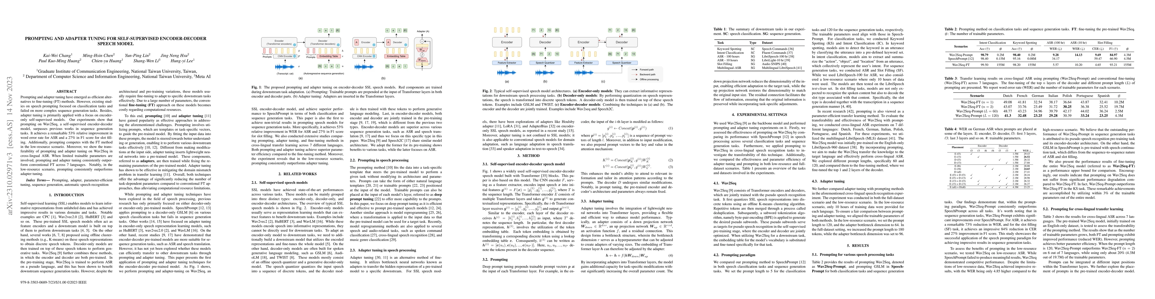 Thumbnail for Prompting and Adapter Tuning for Self-supervised Encoder-Decoder Speech
  Model