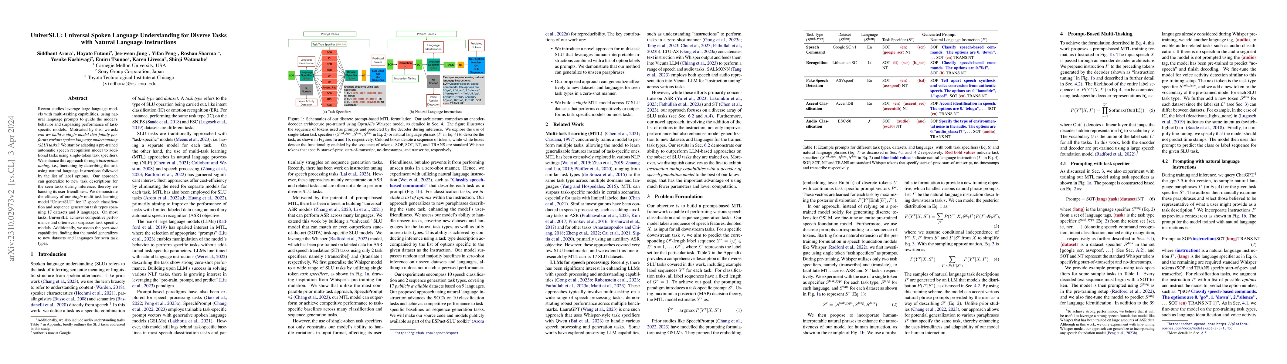 Thumbnail for UniverSLU: Universal Spoken Language Understanding for Diverse Tasks
  with Natural Language Instructions