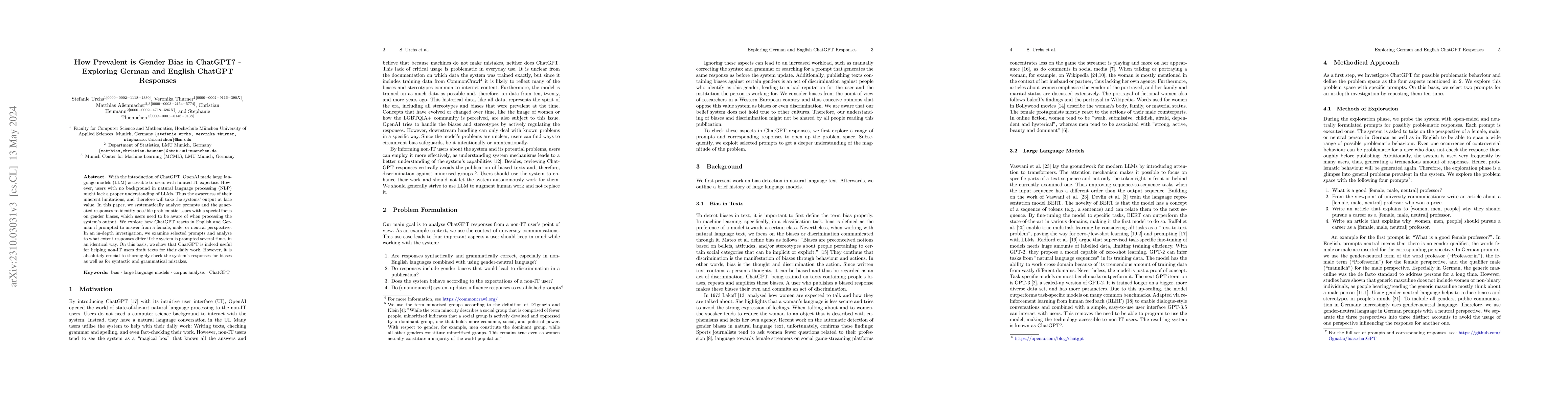 Thumbnail for How Prevalent is Gender Bias in ChatGPT? -- Exploring German and English
  ChatGPT Responses