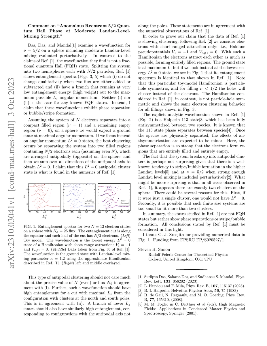 Thumbnail for Comment on "Anomalous Reentrant 5/2 Quantum Hall Phase at Moderate
  Landau-Level-Mixing Strength''