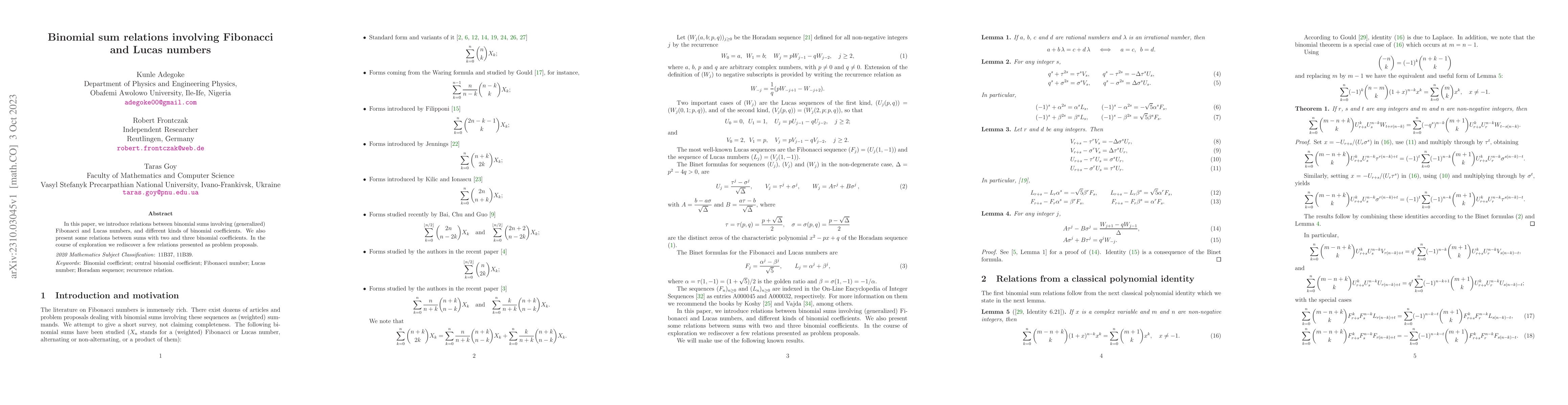 Thumbnail for Binomial sum relations involving Fibonacci and Lucas numbers