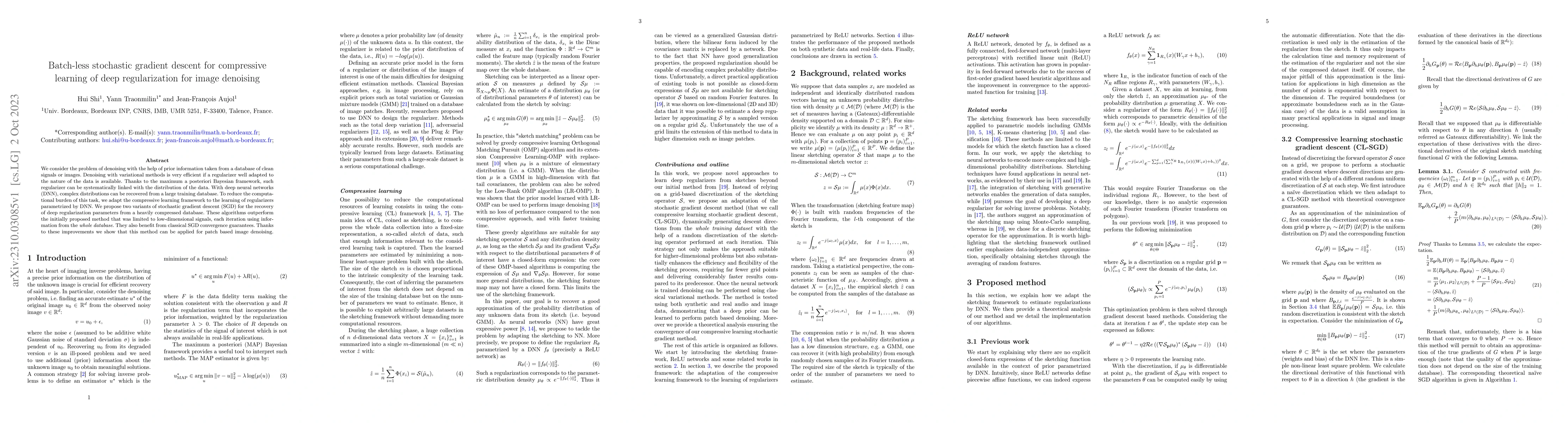 Thumbnail for Batch-less stochastic gradient descent for compressive learning of deep
  regularization for image denoising
