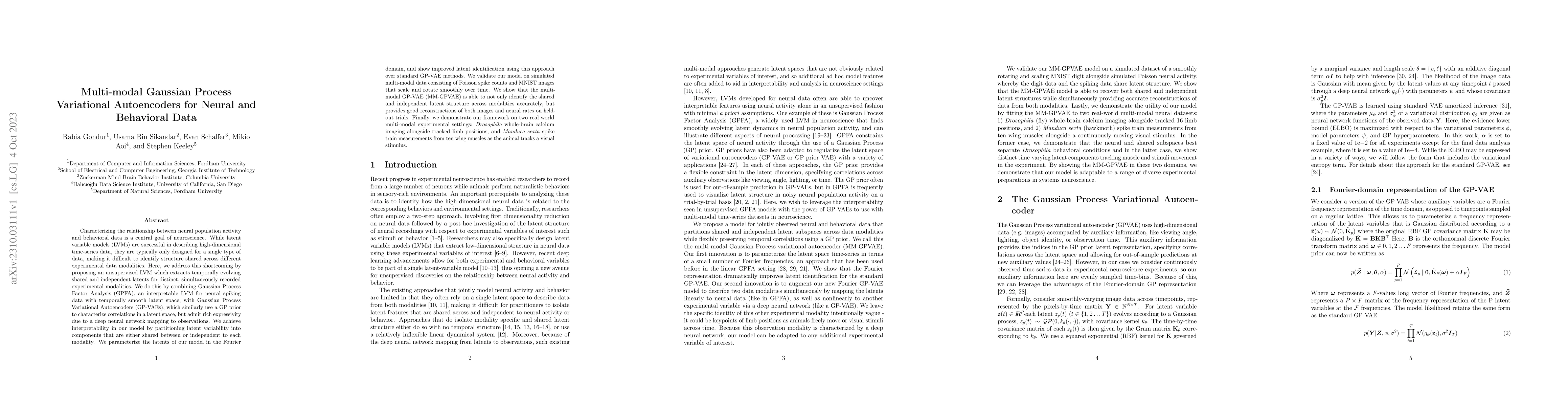 Thumbnail for Multi-modal Gaussian Process Variational Autoencoders for Neural and
  Behavioral Data