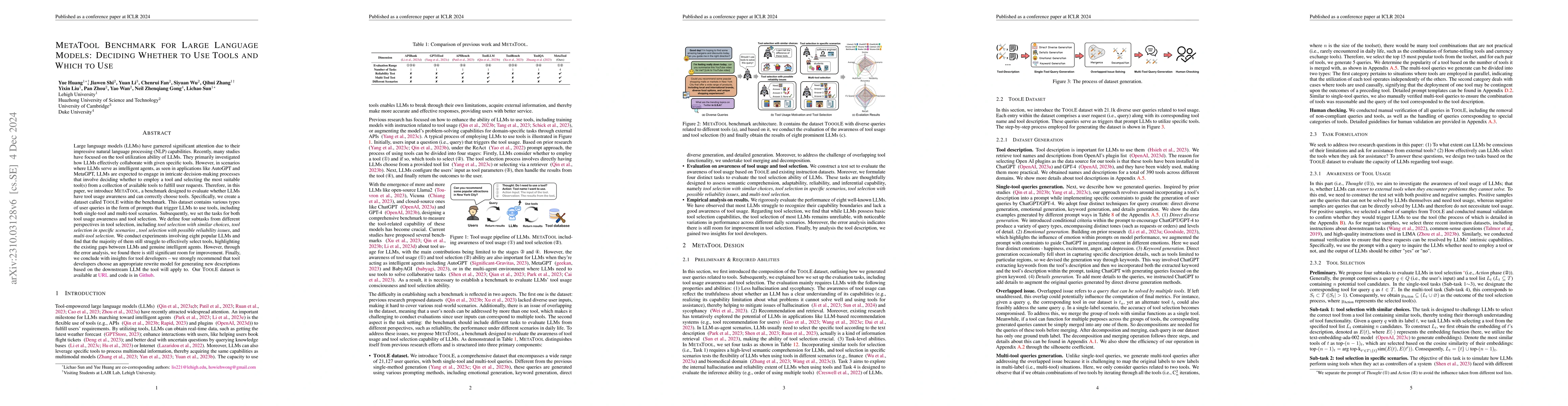 Thumbnail for MetaTool Benchmark for Large Language Models: Deciding Whether to Use
  Tools and Which to Use