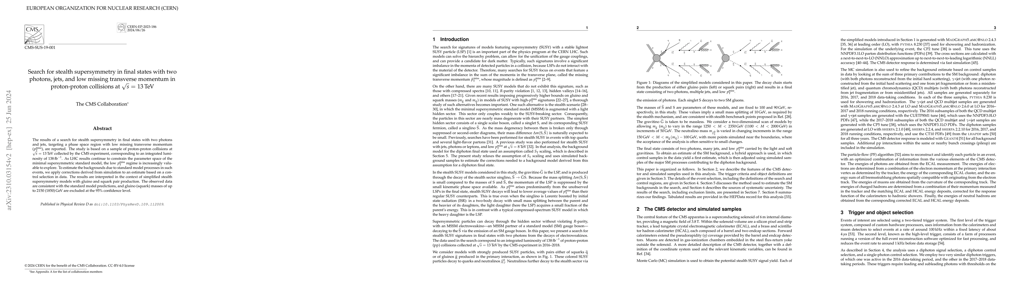 Thumbnail for Search for stealth supersymmetry in final states with two photons, jets,
  and low missing transverse momentum in proton-proton collisions at $\sqrt{s}$
  = 13 TeV
