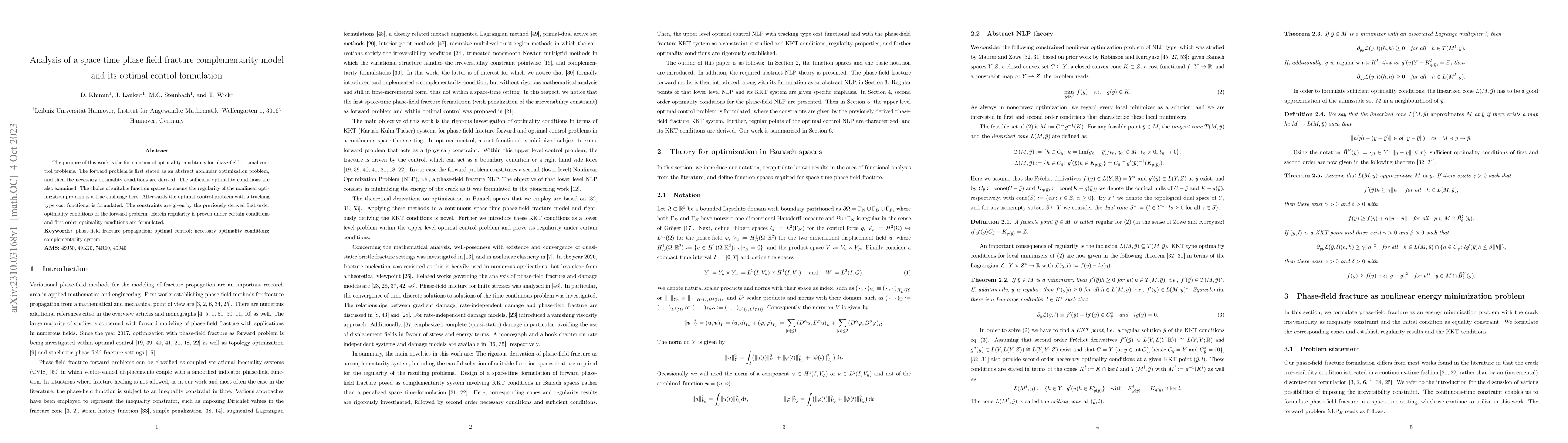 Thumbnail for Analysis of a space-time phase-field fracture complementarity model and
  its optimal control formulation