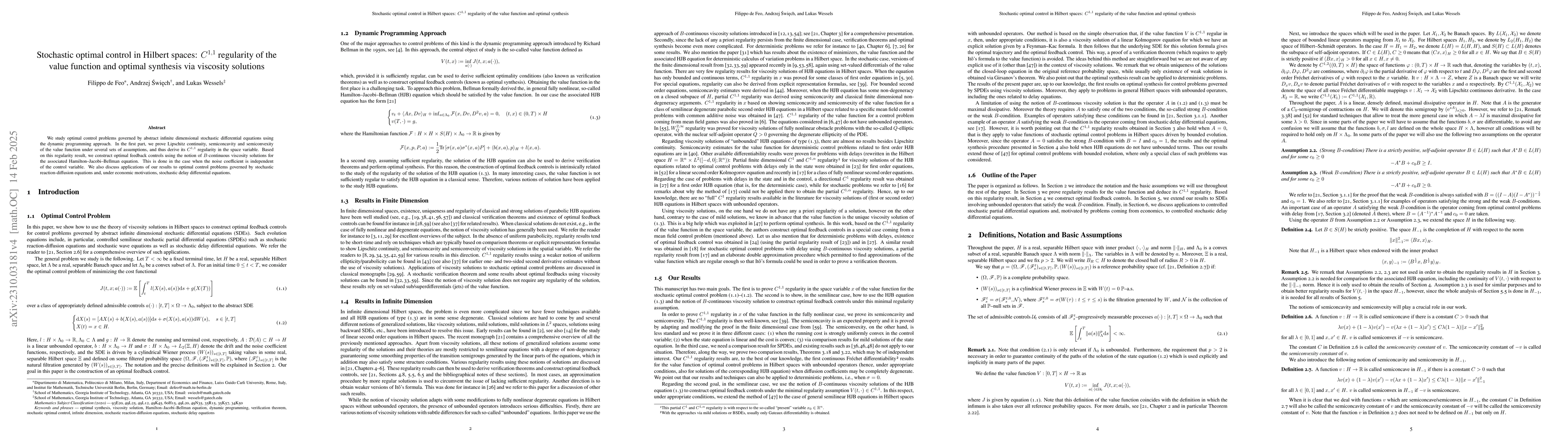 Thumbnail for Stochastic optimal control in Hilbert spaces: $C^{1,1}$ regularity of
  the value function and optimal synthesis via viscosity solutions
