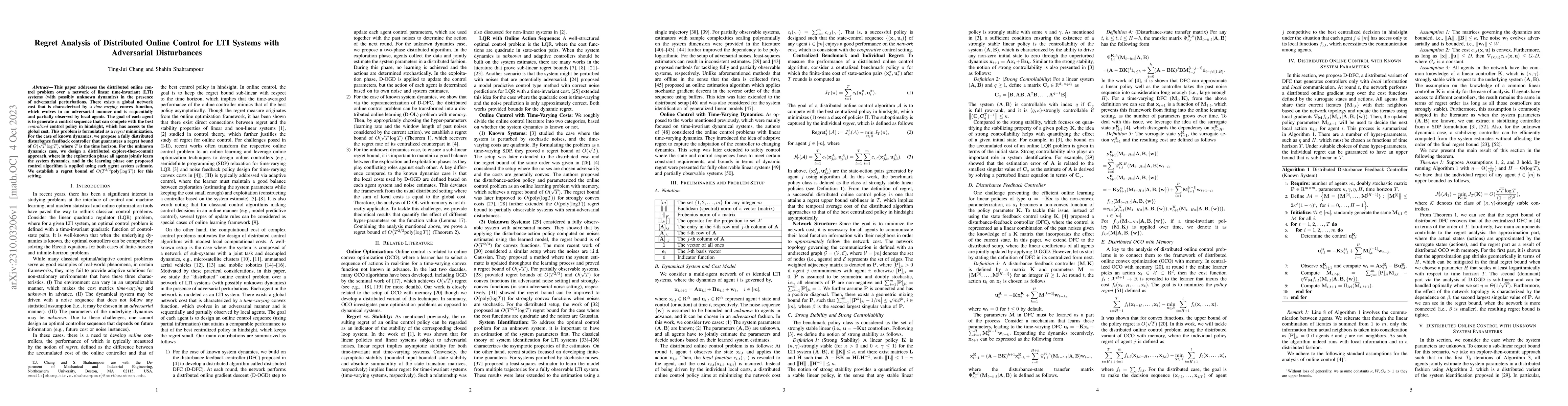 Thumbnail for Regret Analysis of Distributed Online Control for LTI Systems with
  Adversarial Disturbances