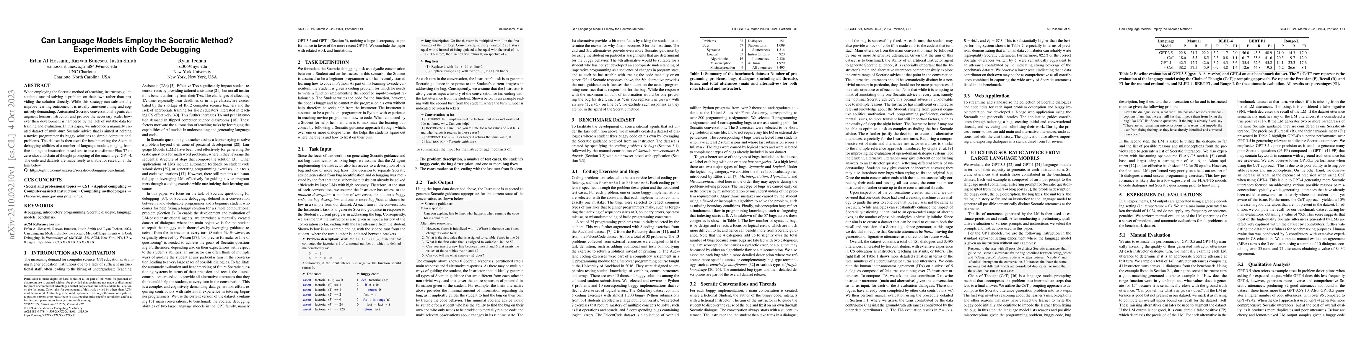 Thumbnail for Can Language Models Employ the Socratic Method? Experiments with Code
  Debugging