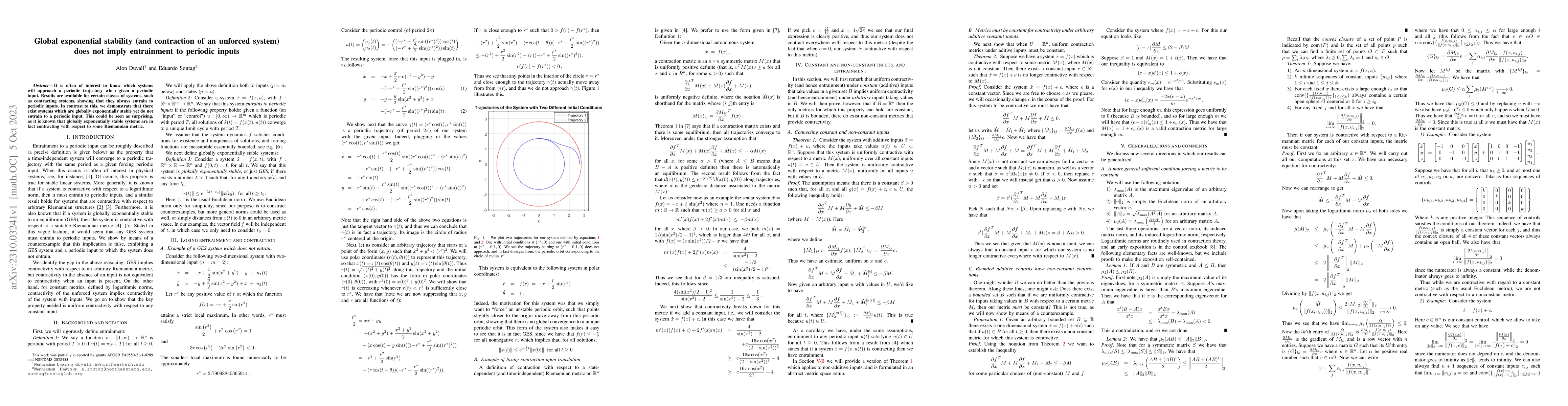 Thumbnail for Global exponential stability (and contraction of an unforced system)
  does not imply entrainment to periodic inputs