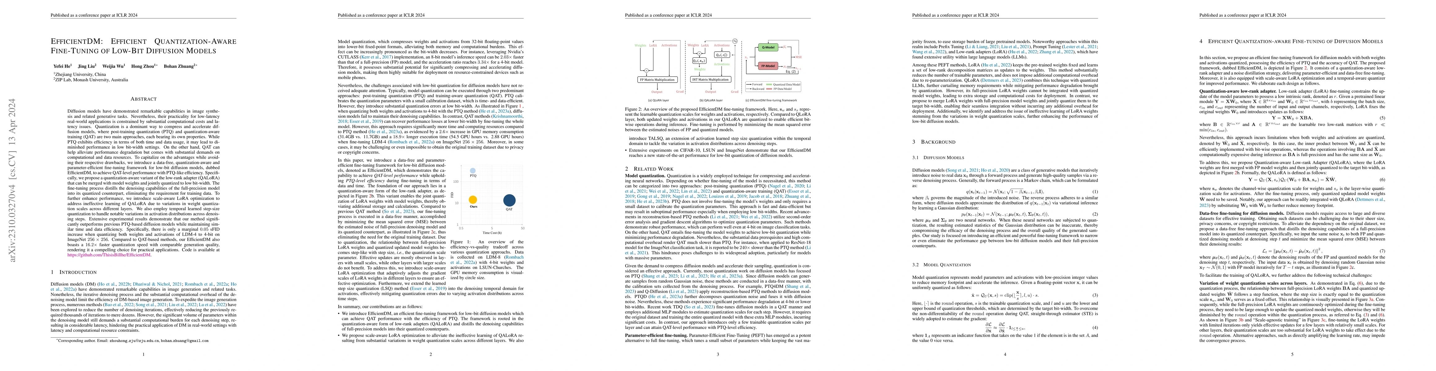 Thumbnail for EfficientDM: Efficient Quantization-Aware Fine-Tuning of Low-Bit
  Diffusion Models