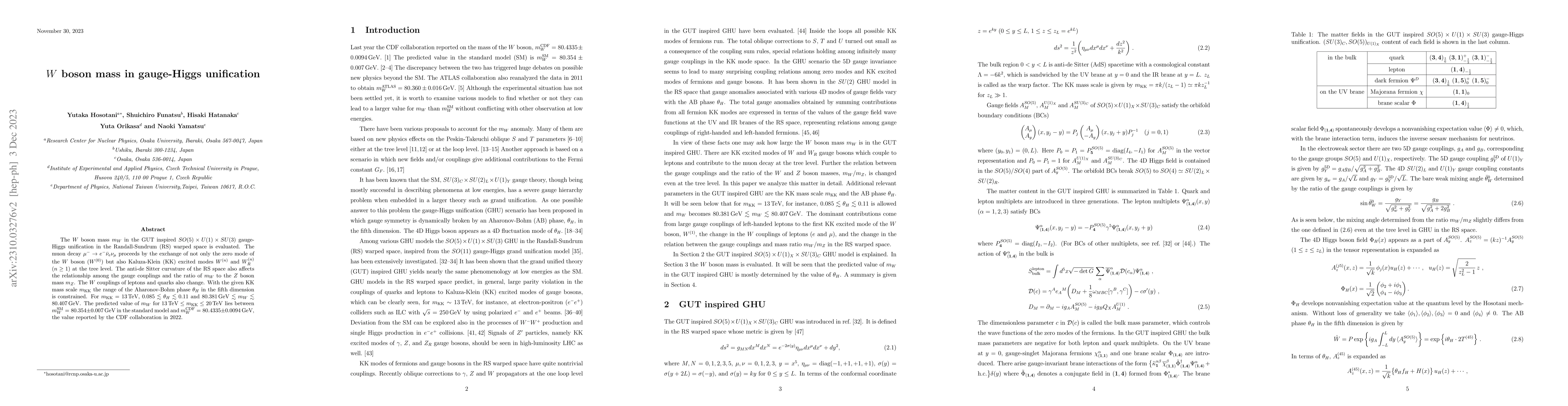 Thumbnail for $W$ boson mass in gauge-Higgs unification