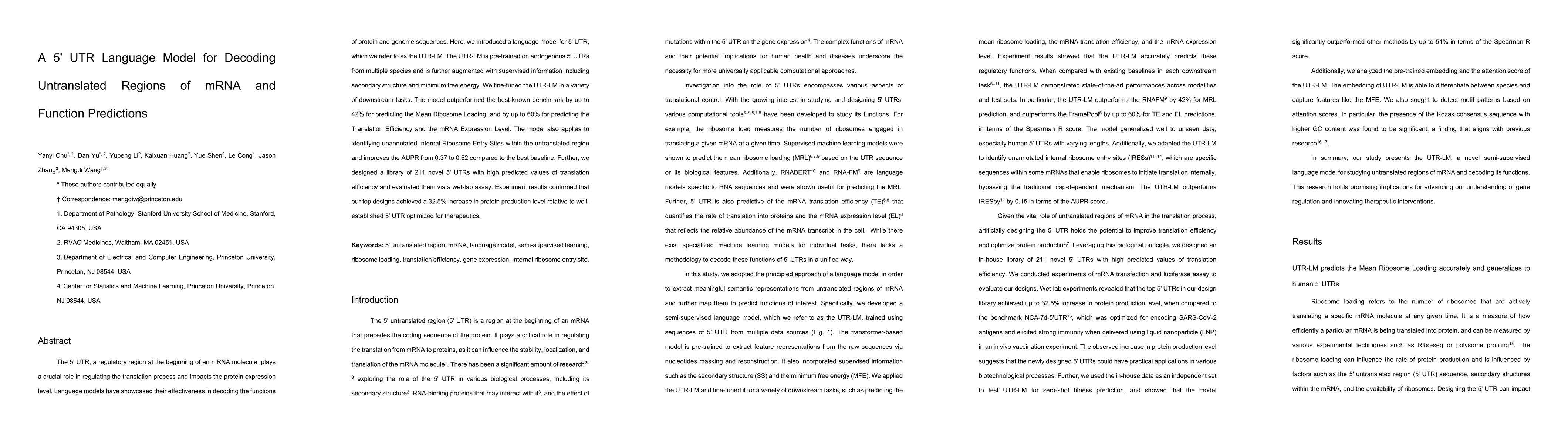 Thumbnail for A 5' UTR Language Model for Decoding Untranslated Regions of mRNA and
  Function Predictions