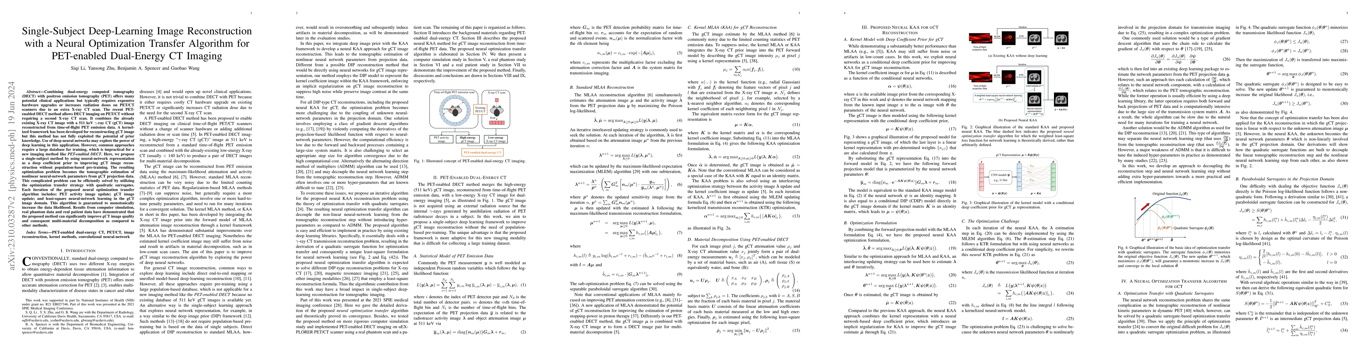 Thumbnail for Single-Subject Deep-Learning Image Reconstruction with a Neural
  Optimization Transfer Algorithm for PET-enabled Dual-Energy CT Imaging