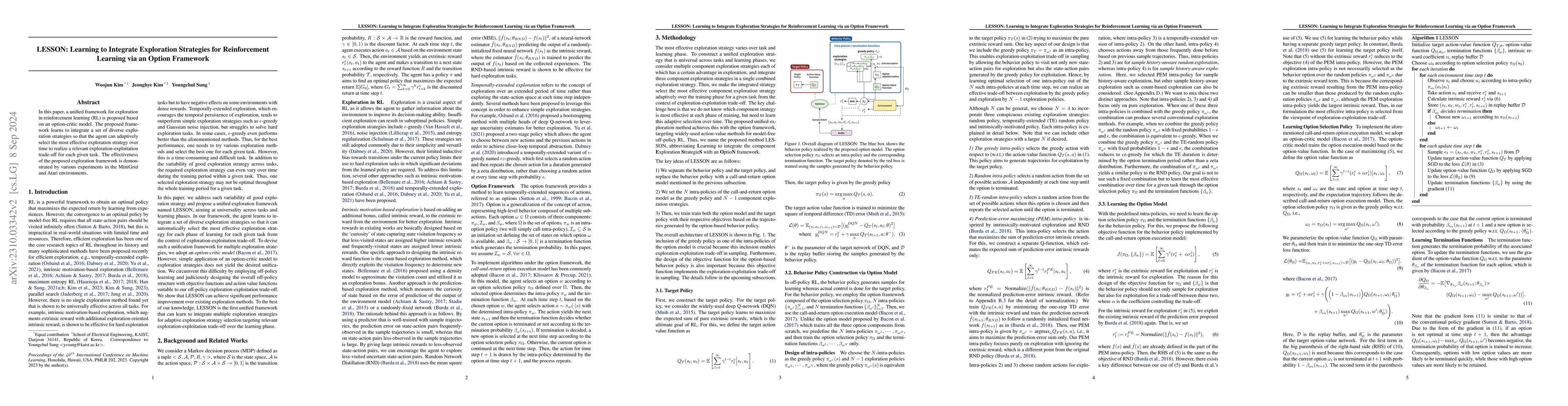 Thumbnail for LESSON: Learning to Integrate Exploration Strategies for Reinforcement
  Learning via an Option Framework