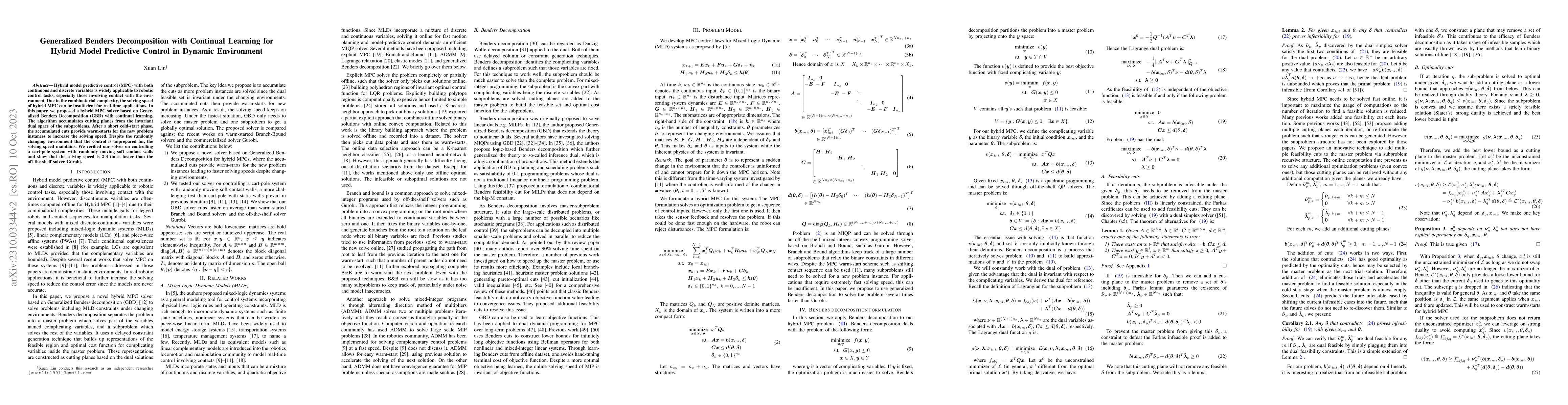 Thumbnail for Generalized Benders Decomposition with Continual Learning for Hybrid
  Model Predictive Control in Dynamic Environment