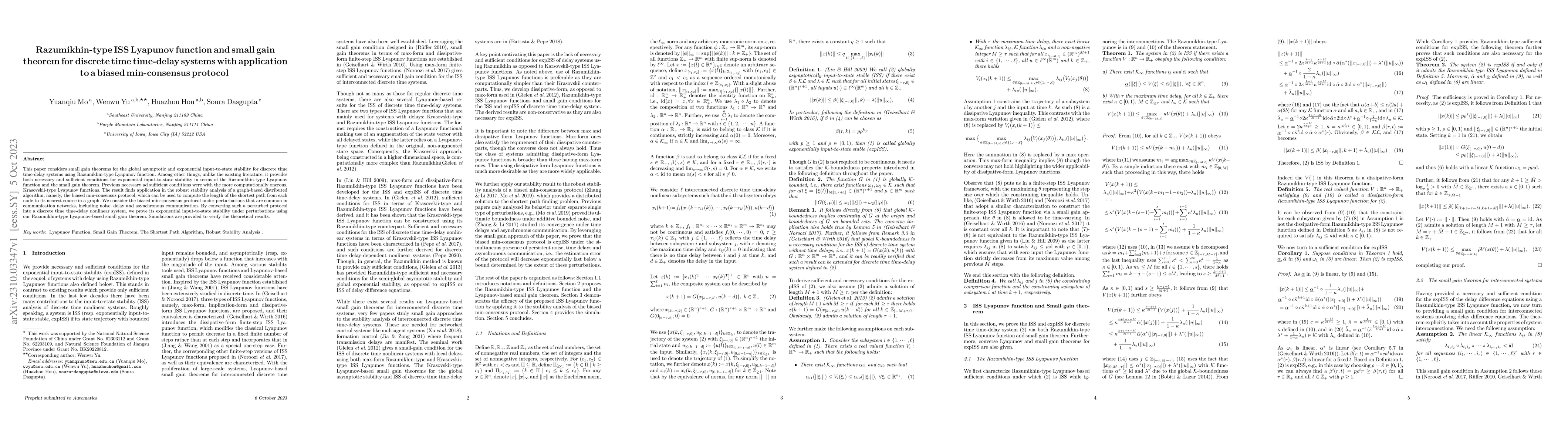 Thumbnail for Razumikhin-type ISS Lyapunov function and small gain theorem for
  discrete time time-delay systems with application to a biased min-consensus
  protocol
