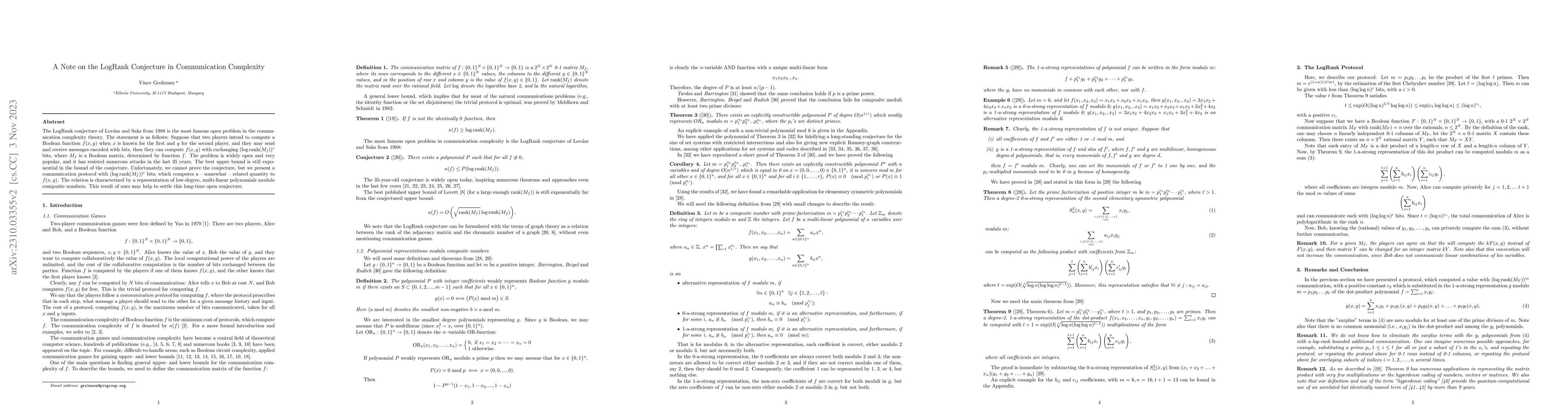Thumbnail for A Note on the LogRank Conjecture in Communication Complexity