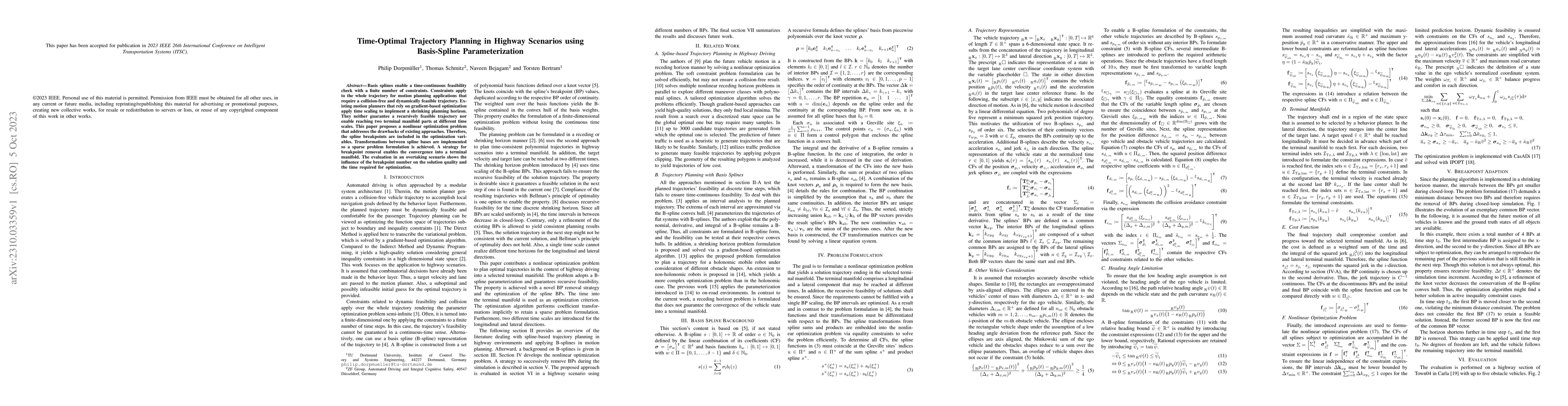 Thumbnail for Time-Optimal Trajectory Planning in Highway Scenarios using Basis-Spline
  Parameterization