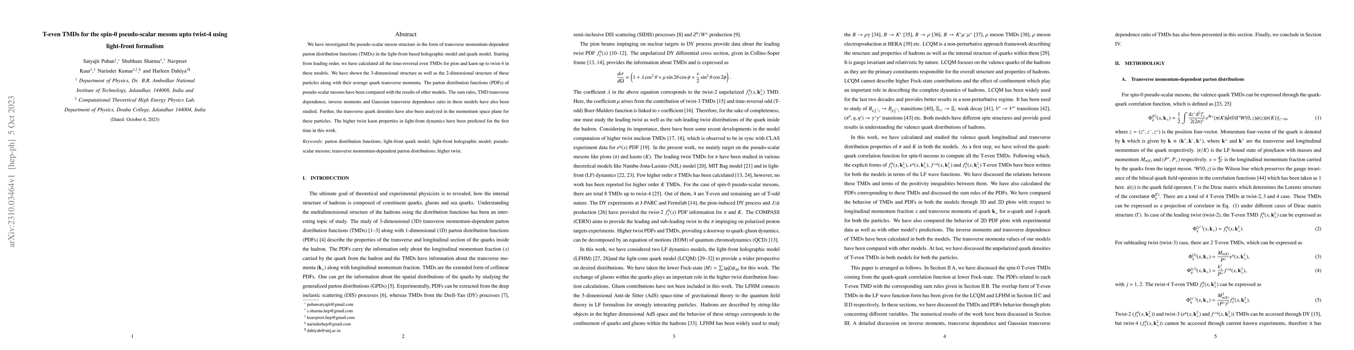 Thumbnail for T-even TMDs for the spin-0 pseudo-scalar mesons upto twist-4 using
  light-front formalism
